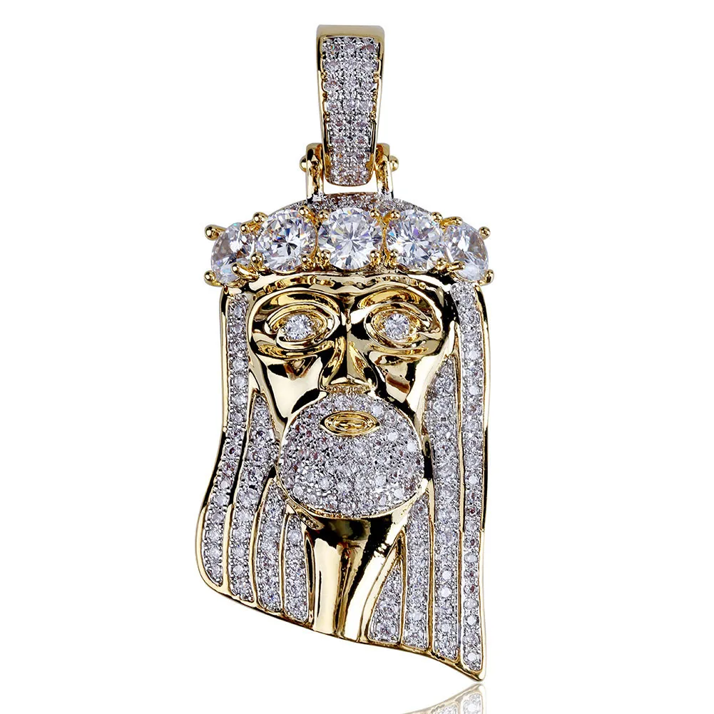 Ny kopparguldfärgpläterad isad Jesus Face Pendant Necklace Micro Pave Cz Stone Hip Hop Bling Jewelry276n