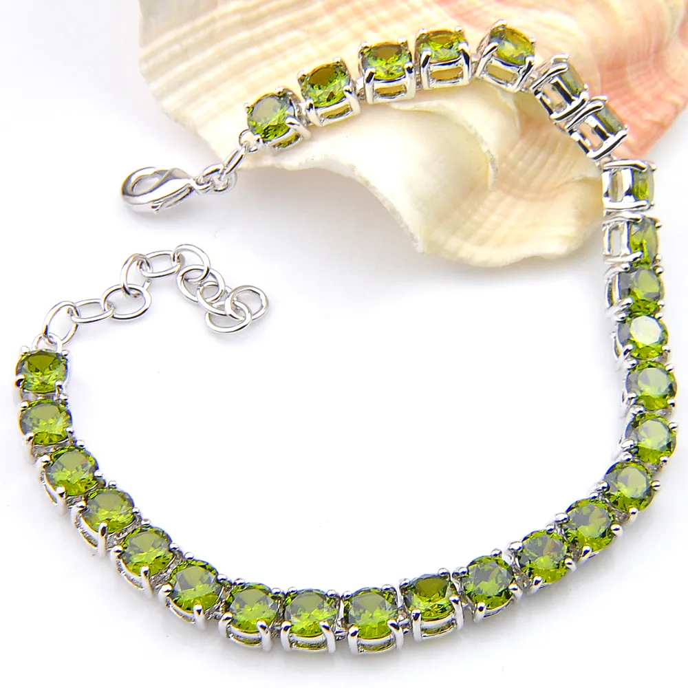 Luckyshien 5 mm Silber 925 runde Peridot-Edelstein-Armreifen für Damen, Europa, beliebte CZ-Zirkon-Armbänder, Armreifen, 5 Stück gratis