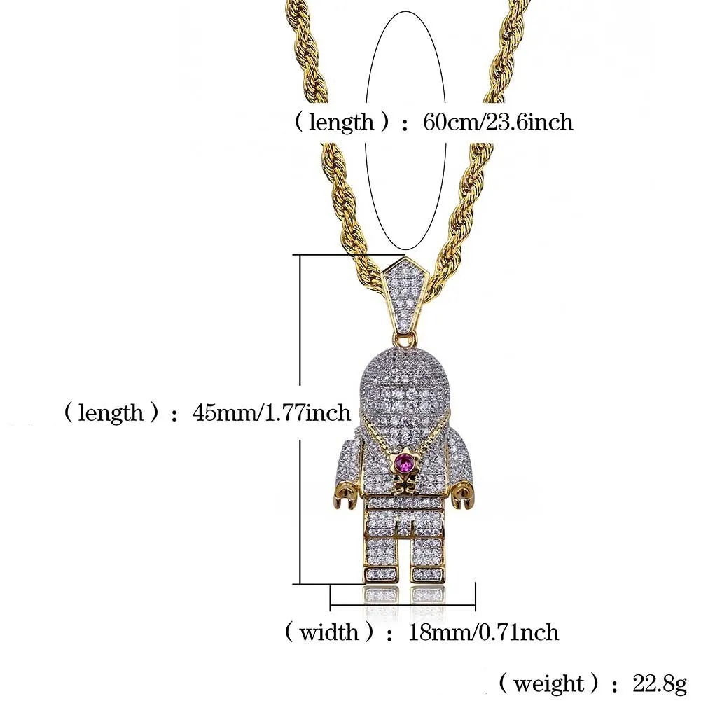 Hip Hop Street Fashion Gold Silver Färgpläterad Spaceman Halsband Micro Pave Zircon Iced Out Astronaut Pendant Halsband för män