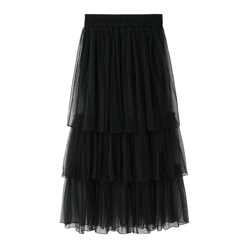 2018 New Summer Skirt Women Tulle Maxi Skirts Black Gray Mesh Puffy Pleated Layers Tiered Long Sweet Saias Femininas