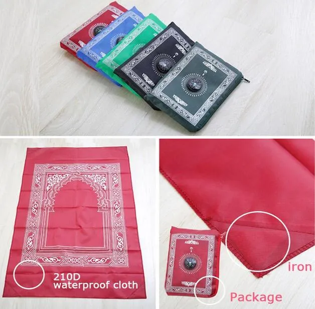 Hot Sale Portable Islamic Travel Pocket Bön Matta med Compass Multi Color Muslim Bönande Golv Mug Fällbara Mattor 100x60cm