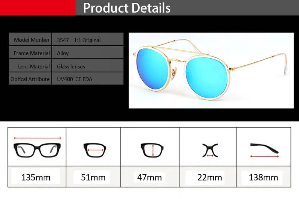 Highest Quality Round Style Sunglasses for Men women Alloy frame Mirrored glass lens double Bridge Retro Eyewear with box and cases