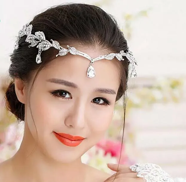 1 Piece Silver Crystals Rhinestones Leaves Head Chain Jewelry Forehead Headpiece Bride Rhinestone Wedding Hair Accessories