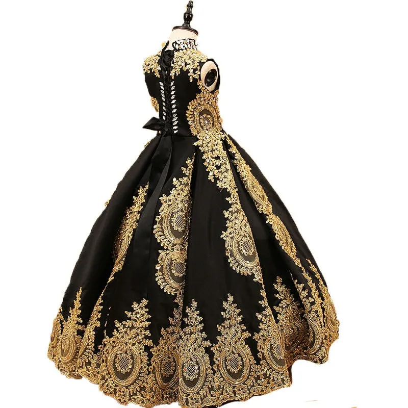 Sexy Black And Gold Lace Flower Girls Dress 2022 High Neck With Corset ...