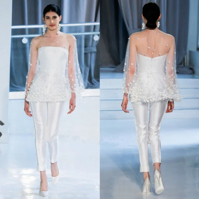 Nuovi abiti da sera con tute bianche con involucro senza spalline Appliqued elegante abito formale in raso Abiti da ballo su misura