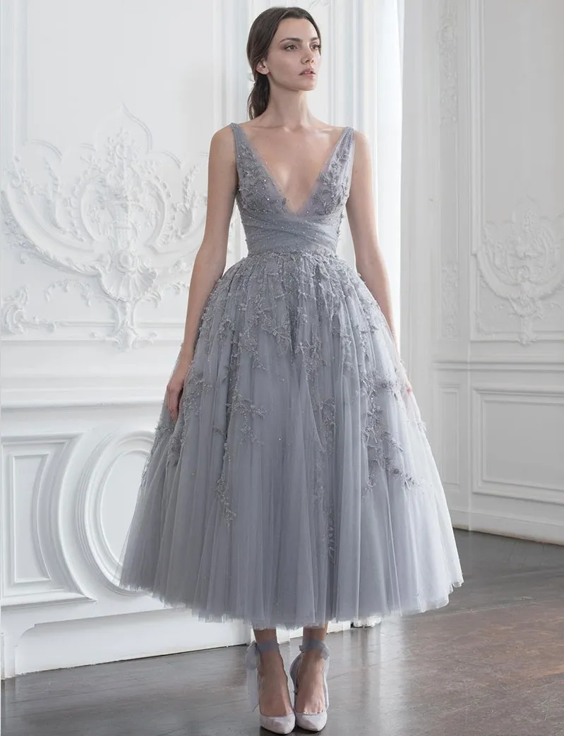 Elegante princesa princesa vestidos de fiesta paolo sebastian breve lentejuelas vapores de noche profundo v cuello una línea vestidos de fiesta vestido formal de tul