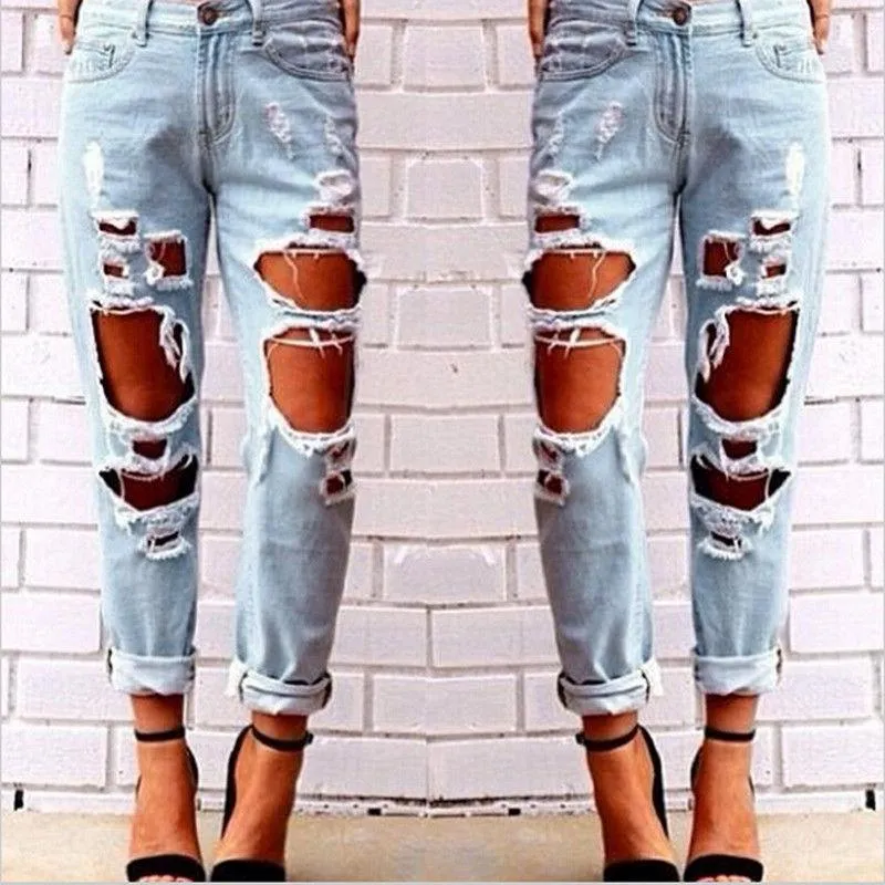 Sexy Boyfriend Jeans Women Light Blue Big Hole Denim Pants for Womens Solid Novelty Skinny Full Length Ripped Trousers Plus Size S-2XL