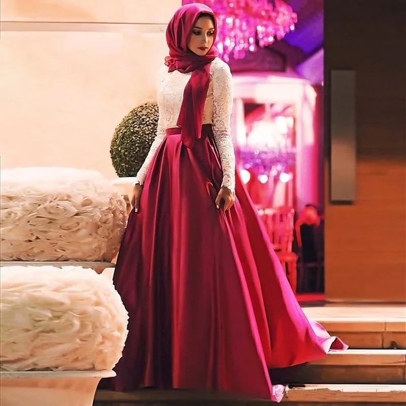 Blanco Rojo Musulmán Vestidos de baile Moda Manga larga Hijab Vestidos de noche Encaje Satén Hasta el suelo Tallas grandes Arabia Saudita Vestidos de fiesta