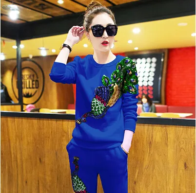 Kobiety Casual Dress Utwory z kapturem z długim spodniach Joggers 2 sztuk Zestawy Cekinowe Peacock Design Sports Garnitury