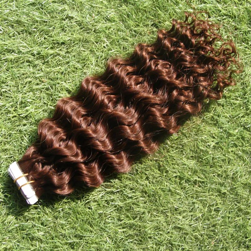 Human Tape In Hair Extensi 100g 2.5g/pc Double Sided Natural Human PU Hair Extensions Silky Curly Hair 33 Dark Auburn Brown