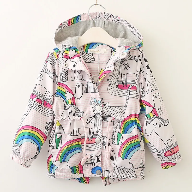 Neue stil baby mädchen wind mantel pferd vogel regenbogen gedruckt kinder reißverschluss mädchen windjacke kinder herbst mit kapuze kleidung