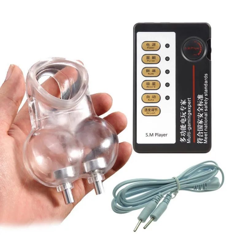 Male Electro Sex Ball Stretcher Chastity Cage Electric Shock Scrotum Ring BDSM Sex Toys For Men Time Delay Cock Rings Y18102306