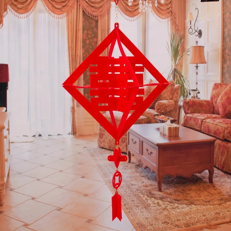 DIY Hanging Chinese New Year Traditional Wedding Double Happiness Tassel Decorations Balls Red Lanterns ZA6199