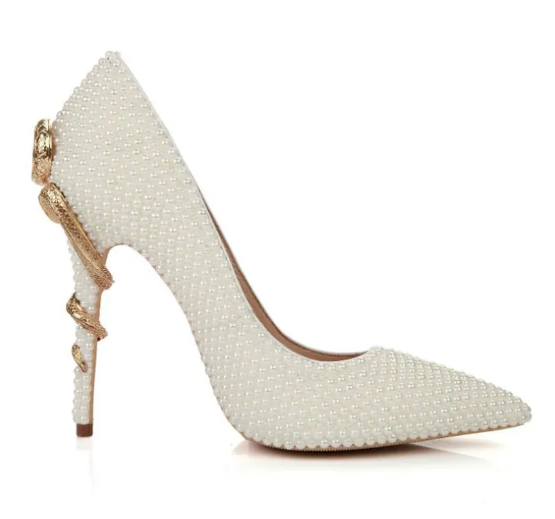 Sexy beige Pearl Full Studs Stilettos Shoes Rhinestone Metal Snake heel Pumps Single Dress pump Pointed toe Woman Weddding High Heels Bridal Shoe