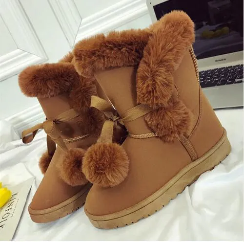 Plus size Warm Women Snow Boots Cute Suede Winter Shoes Fur Ball Mid-Calf Boots Female Boots Non-Slip Snow Casual Shoe