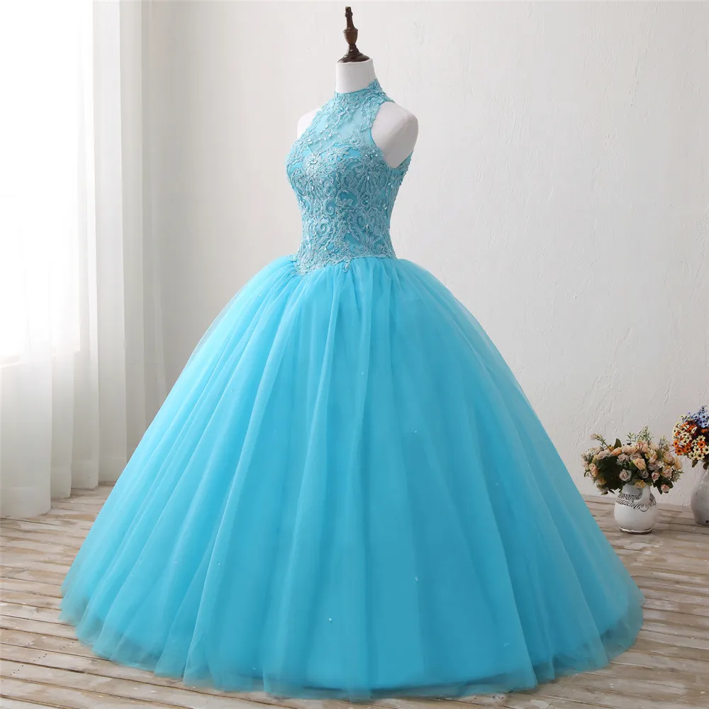 2021 진짜 사진 Quinceanera 드레스 섹시한 백리스 크리스탈 볼 가운과 아플리케와 달콤한 16 Vestido 데뷔 가운 BQ120