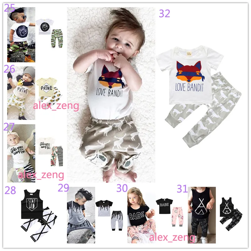 40スタイルの赤ちゃん男の子の女の子セットIns Fox Stripe文字スーツキッズ幼児カジュアル半袖Tシャツ+ズボン2個セット新生児パジャマ