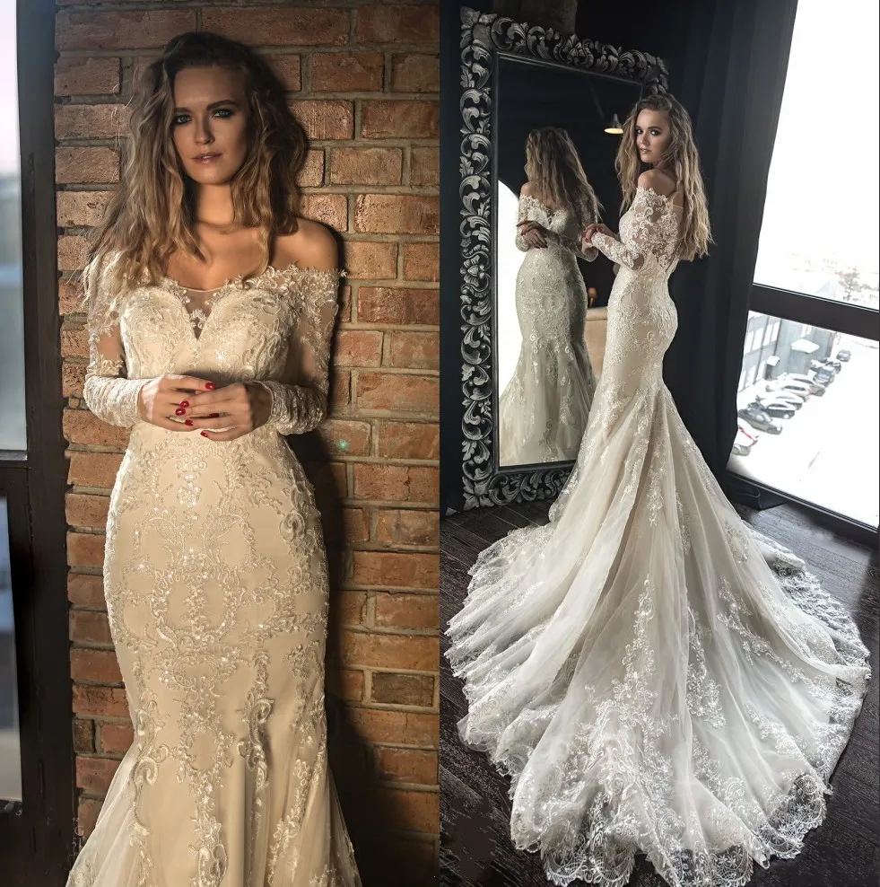 어깨 목 Bridal Gowns Court Train 트럼펫 Vestido de Novia에서 긴 소매를 가진 놀라운 인어 레이스 웨딩 드레스