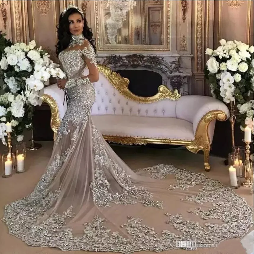 Vintage Mermaid Wedding Dresses Long Sleeve High Neck Crystal Beads Bridal Gowns Luxury Sparkly African Customized Wedding Dress