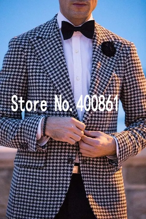 Os recém-chegados dois botões Houndstooth noivo smoking pico Lapela Groomsmen melhor homem Blazer Mens casamento ternos (Jacket + Pants + Tie) D: 104