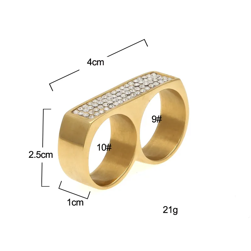 뜨거운 판매 남자 18K 골드 플레이트 라운드 웨딩 링 레트로 실버 라인 스톤 2 손가락 이중 강철 크기 6-15