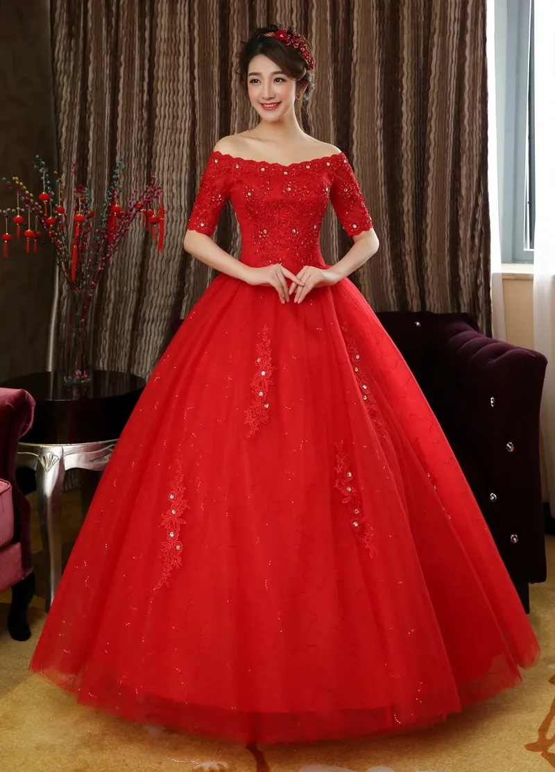 Frete Grátis 2018 Novo Desing Meios Mangas Vermelho Branco Vestidos De Noiva Princesa Lace Sexo Vestidos De Casamento de Qualidade Quadra