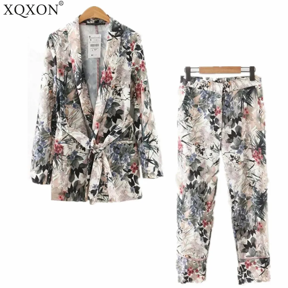 Costumes pour femmes 2018 automne femmes à manches longues essuyé Kimono Blazer nouveau manteau d'impression de ceinture + pantalon décontracté costume ensembles deux/pièces
