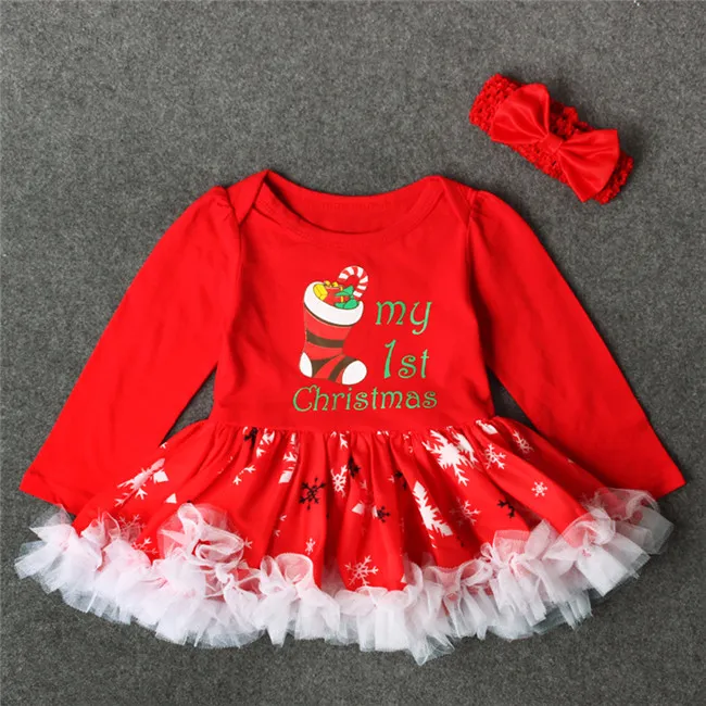 Bebê meninas natal impressão vestido vermelho 2ps conjuntos de crochê arco headbandXmas padrão romper bebês primeiros presentes de natal bonito out7177820
