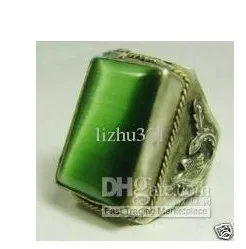 Piękny Tybet Silver Men \ 's Green Jade Ring