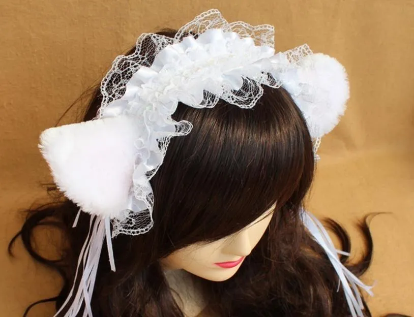 Party Fancy Dress Hoofdband Fluffy Cat Fox Ears Lace Ribbon Tassels Bell Hoofdband Anime serveerster Maid Devil Cos Costume Xmas Props5469717