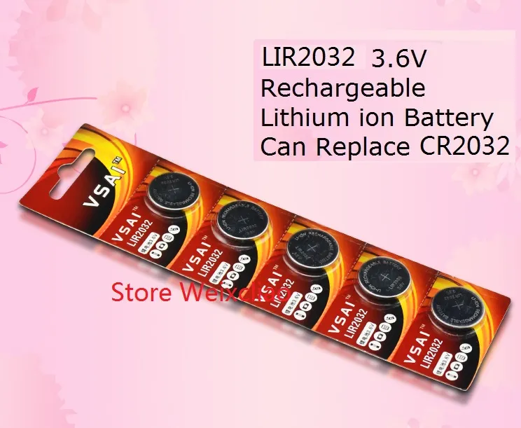 1 lote LIR2032 3.6 V bateria de íons de Lítio ion recarregável botão de bateria 2032 3.6 Volts baterias de moedas de li-íon CR2032 VSAI Frete Grátis