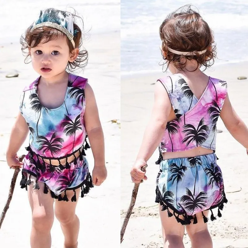 Kids Clothing Summer Toddler Girls Clothing Tassel Coconut Tree Vest Crop Tops Shorts 2PCS Set Baby Girl Clothes Outfits Beachwear 1-5T