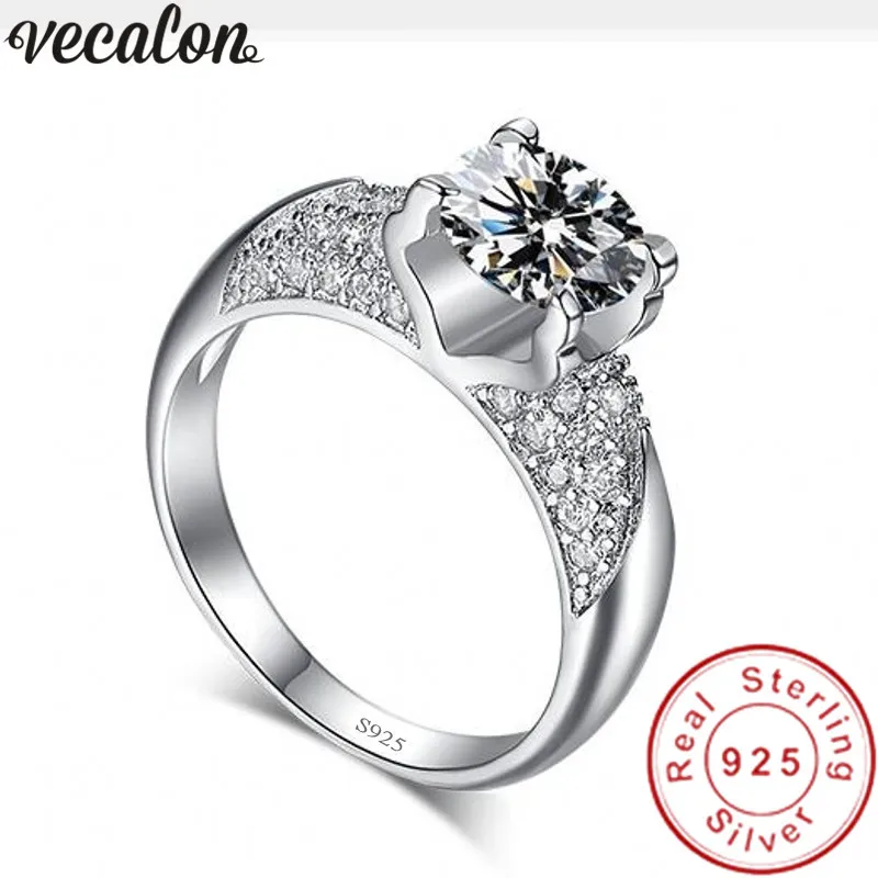 Vecalon Handmade Novo 925 Sterling Silver Ring Paver Pave 5A Zircão CZ Noivado Casamento Anéis de Banda para Mulheres Moda Jóias