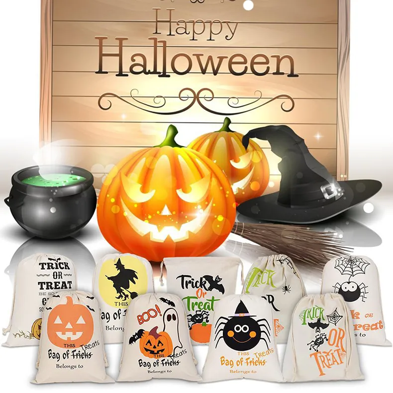 Hoge Kwaliteit Halloween Pumpkin Bags Hallowmas Sacks Gift Tassen Drawstring Candy Bag Tricks of Treat Gedrukt Halloween Party Gunst Organizer