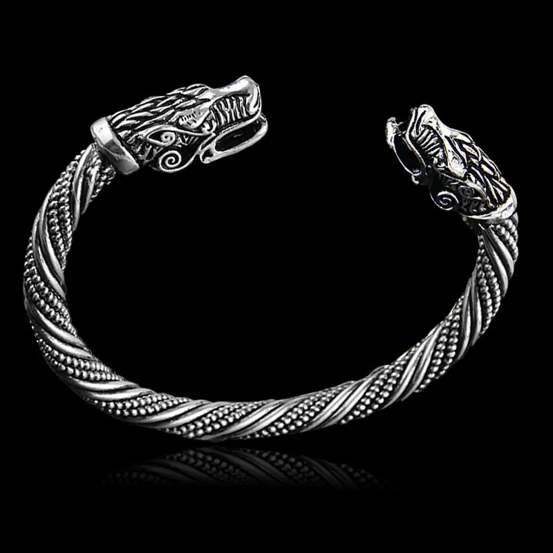 Bracciale Uomo Vichingo Con Testa Di Lupo E Perline Di Pietra - Gioiello Uomo Coraggio E Saggezza