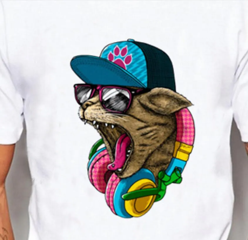 Varumärkesdesigner-Nya ankomst Herrmode Crazy DJ Cat Design T Shirt Cool Tops Short Sleeve Hipster Tees221L