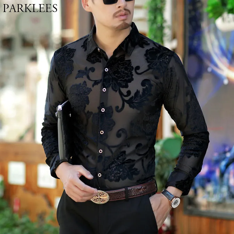 Chemise transparente de luxe hommes Chemise en dentelle de broderie florale pour homme Sexy voir travers les chemises habill es hommes Club f te