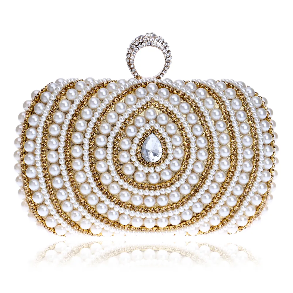 Beaded Lady Handbags Finger Ring Diamonds Purse Evening Bags Crystal Luxurious Pearl Wedding Bags For Party Dinner