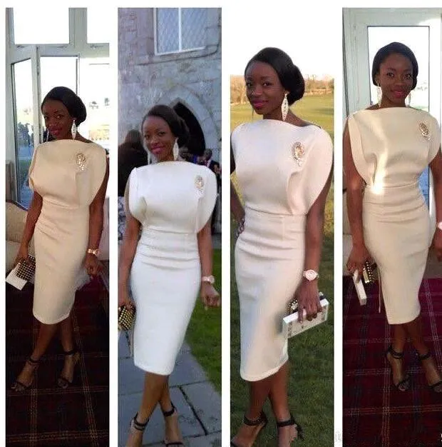 Elegant White Satin Sheath Cocktail Dresses With Sleeves With Ruched ...