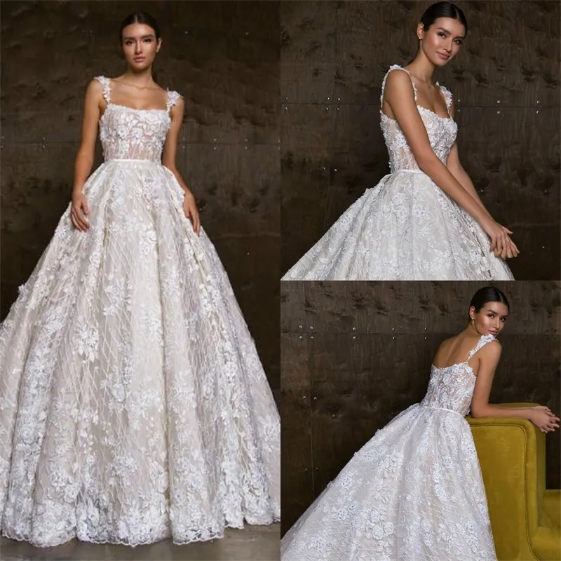 Gorgeous Strap A Line 2019 Bröllopsklänningar Full Lace 3D Floral Appliqued Backless Pärlor Bröllopklänningar Plus Storlek Bröllopsklänning