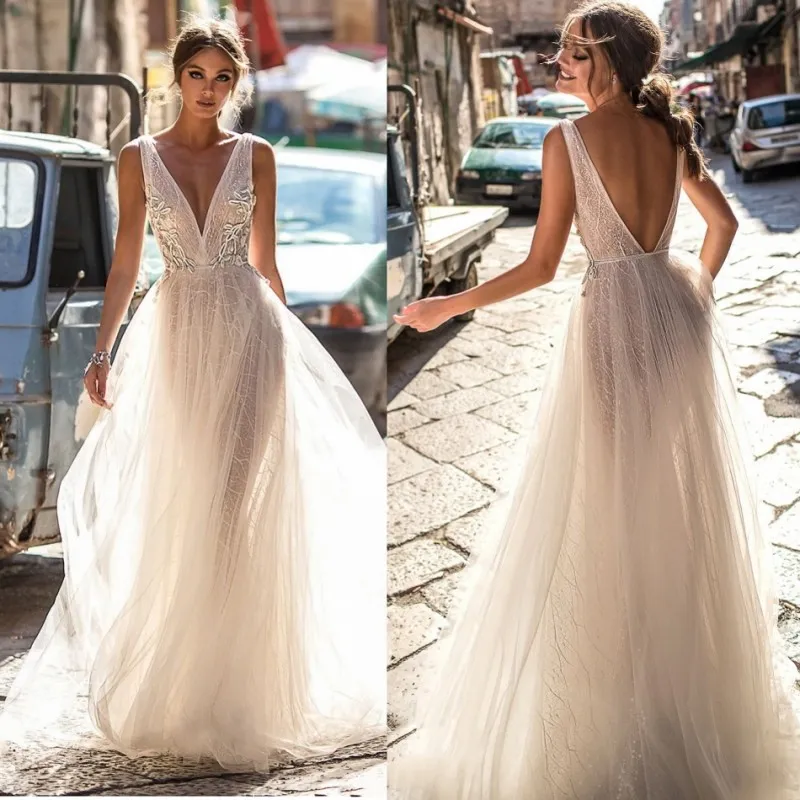 Berta – robe de mariée en Tulle, dos nu, décolleté en V profond, avec des appliques en dentelle, style Boho, corsage d'illusion