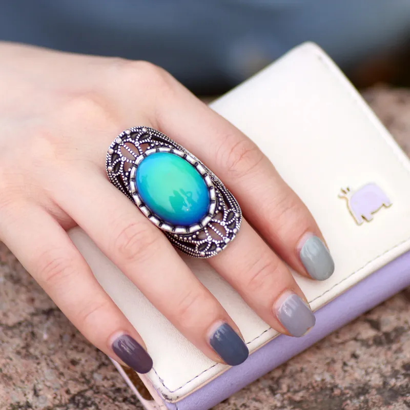 Neue Design Damen Farbwechsel Finger Antike Silber überzogene Stimmungsring für Verkauf 2 Stück