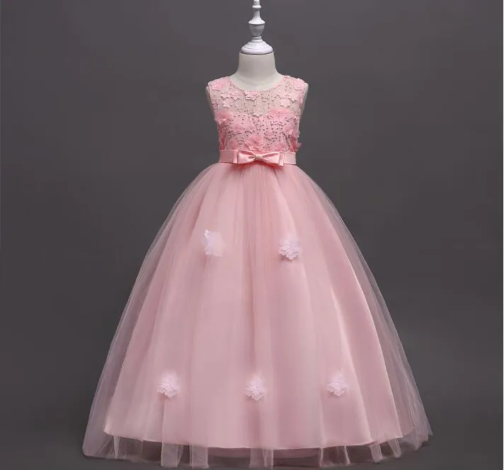 2018 Puffy Princess Dresses for Kids Appliqued senza maniche Flower Girls Abito da sera Lunghi costumi da pianista 5-16 anni