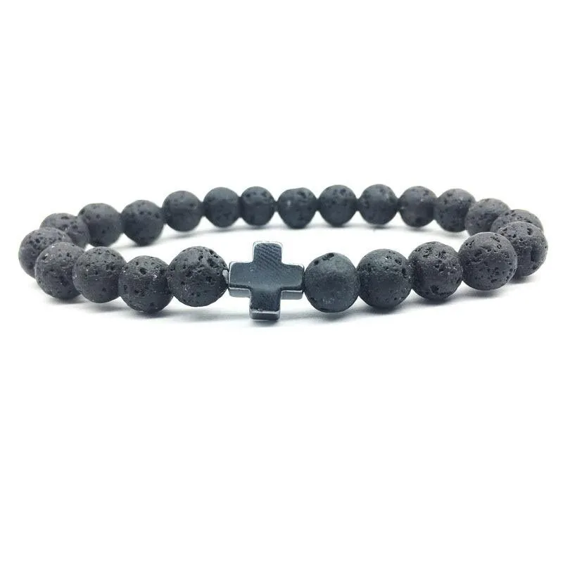 Bracciale in pietra lavica nera da uomo con croce in ematite da 8 mm Bracciale con diffusore di oli essenziali aromaterapia fai-da-te Gioielli da donna