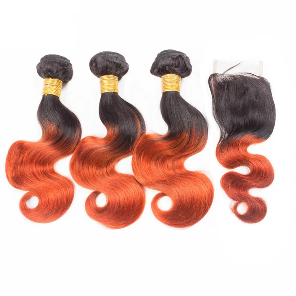 Fasci di capelli umani arancioni Ombre brasiliani 3 fasci con chiusura Body Wave 1B / 350 Offerte di fasci di capelli umani Ombre arancioni con chiusura in pizzo 4x4
