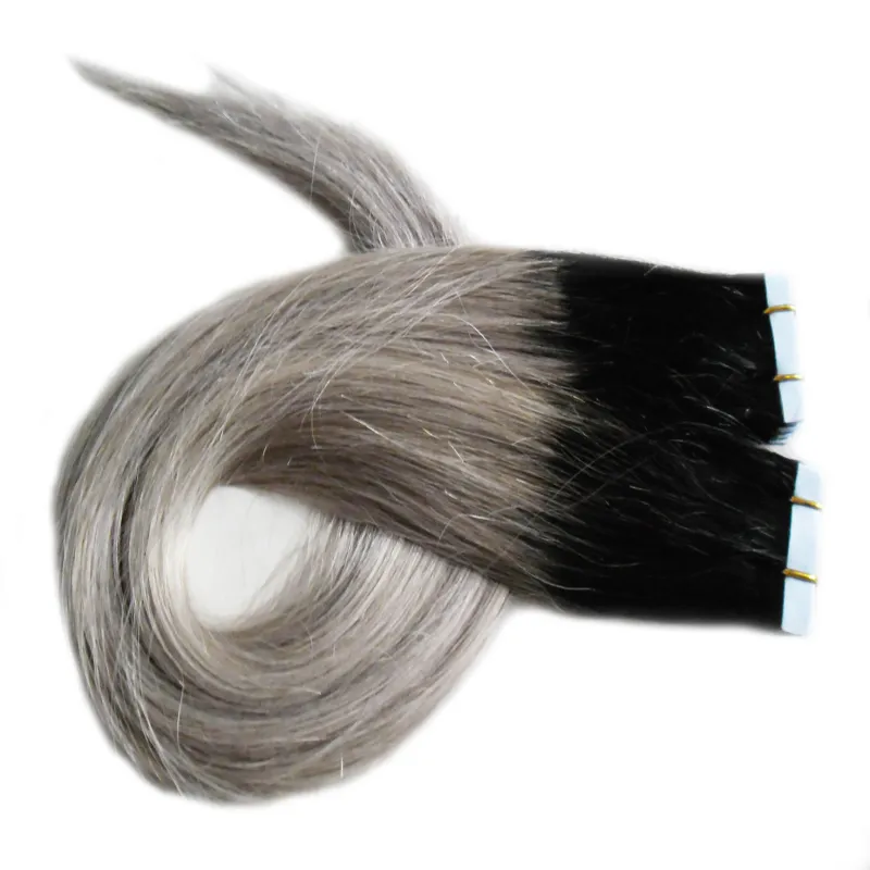 1B Zilver Grijze Ombre Skin Inslag Tape Extensions 100g Rechtgrijs Haar 40 Stuk PU-tape in menselijke haarextensies