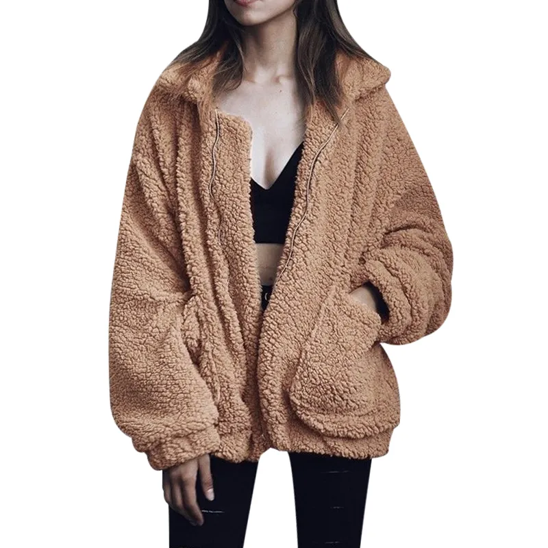 Wholesale-Plus Size S-3XL Women Fashion Fluffy Shaggy Faux Fur Warm Winter Coat Cardigan Bomber Jacket Lady Coats Zipper Outwear Jackets