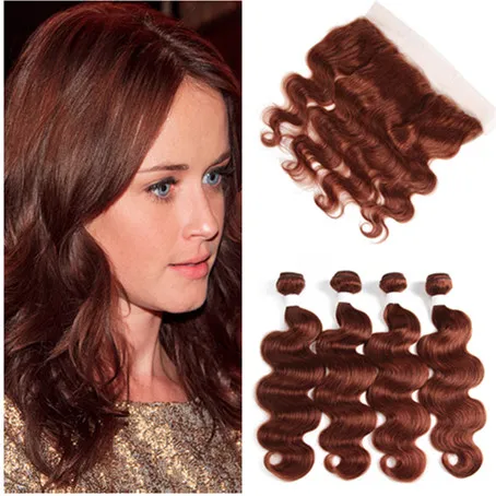 Reddish Brown Braziliaans Menselijk Haar Weave Bundels met volledige Frontale Body Wave # 33 Dark Auburn Hair Weave met 13x4 Kant Frontale sluiting