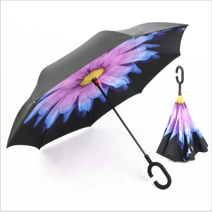 Ombrello invertito Ombrello piovoso a doppio strato Reverse Rainy Sunny con manico a C Self Standing Inside Out Design speciale Spedizione gratuita