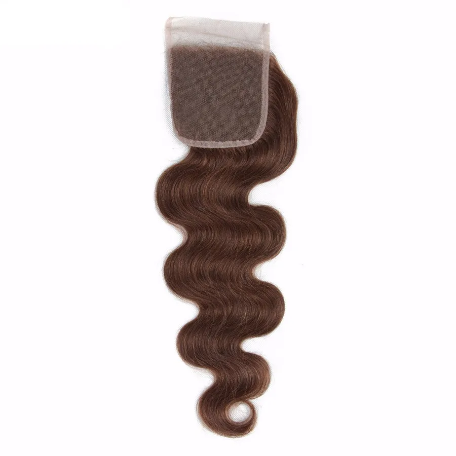 Parte fechamento do laço com pacotes de cabelo marrom cor 4 chocolate médio marrom onda do corpo cabelo humano tece com 44 fechamento superior1992900
